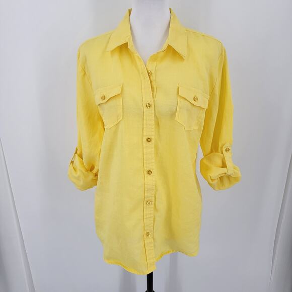 Giorgiana by Naji Top Womens Large Yellow Linen Button Up Roll Tab Sleeves - Picture 5 of 12